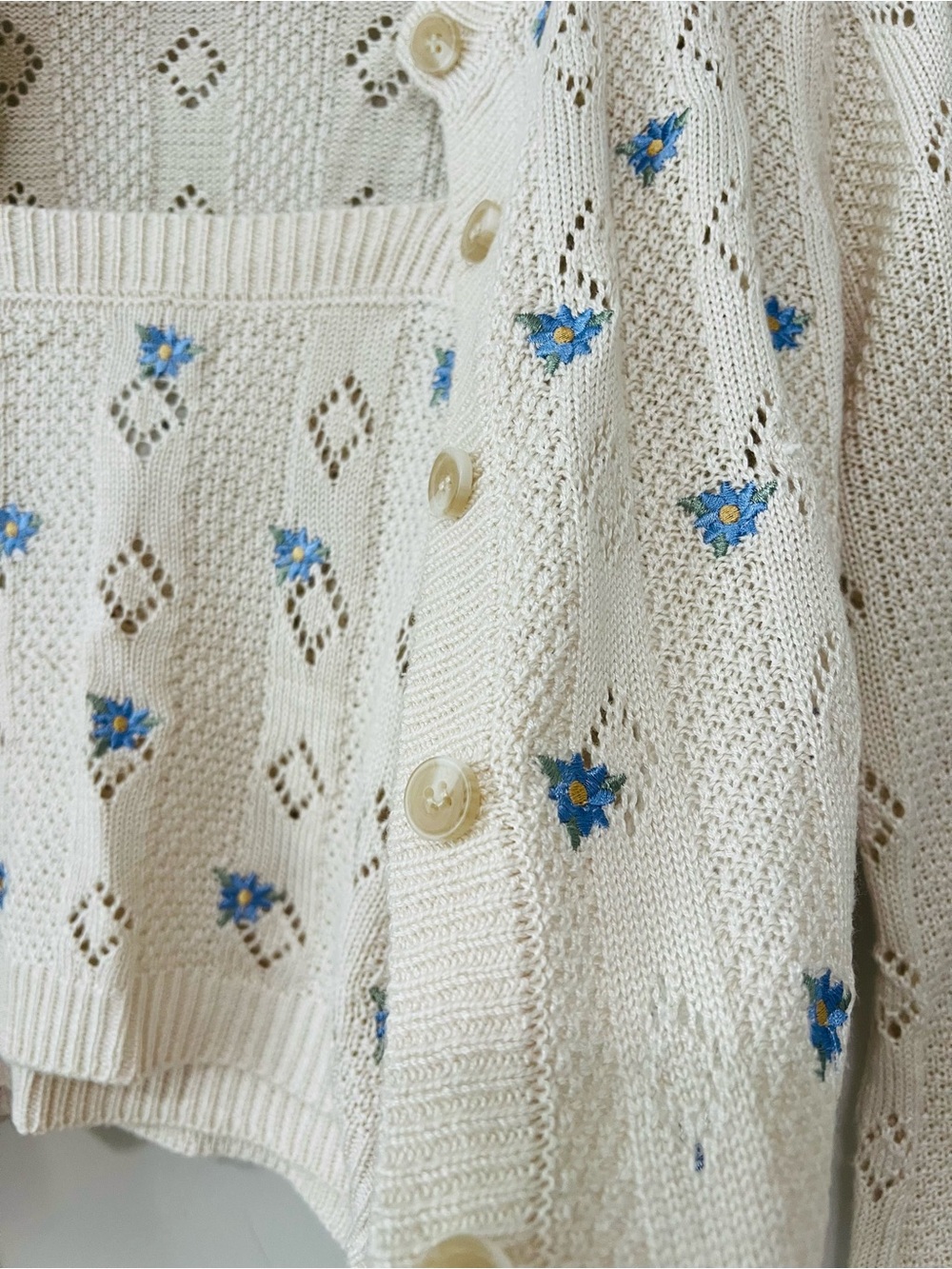 Pink Rose Pointelle Knit Cardigan & Tank Set Blue floral embroidered Cottagecore - Picture 6 of 14